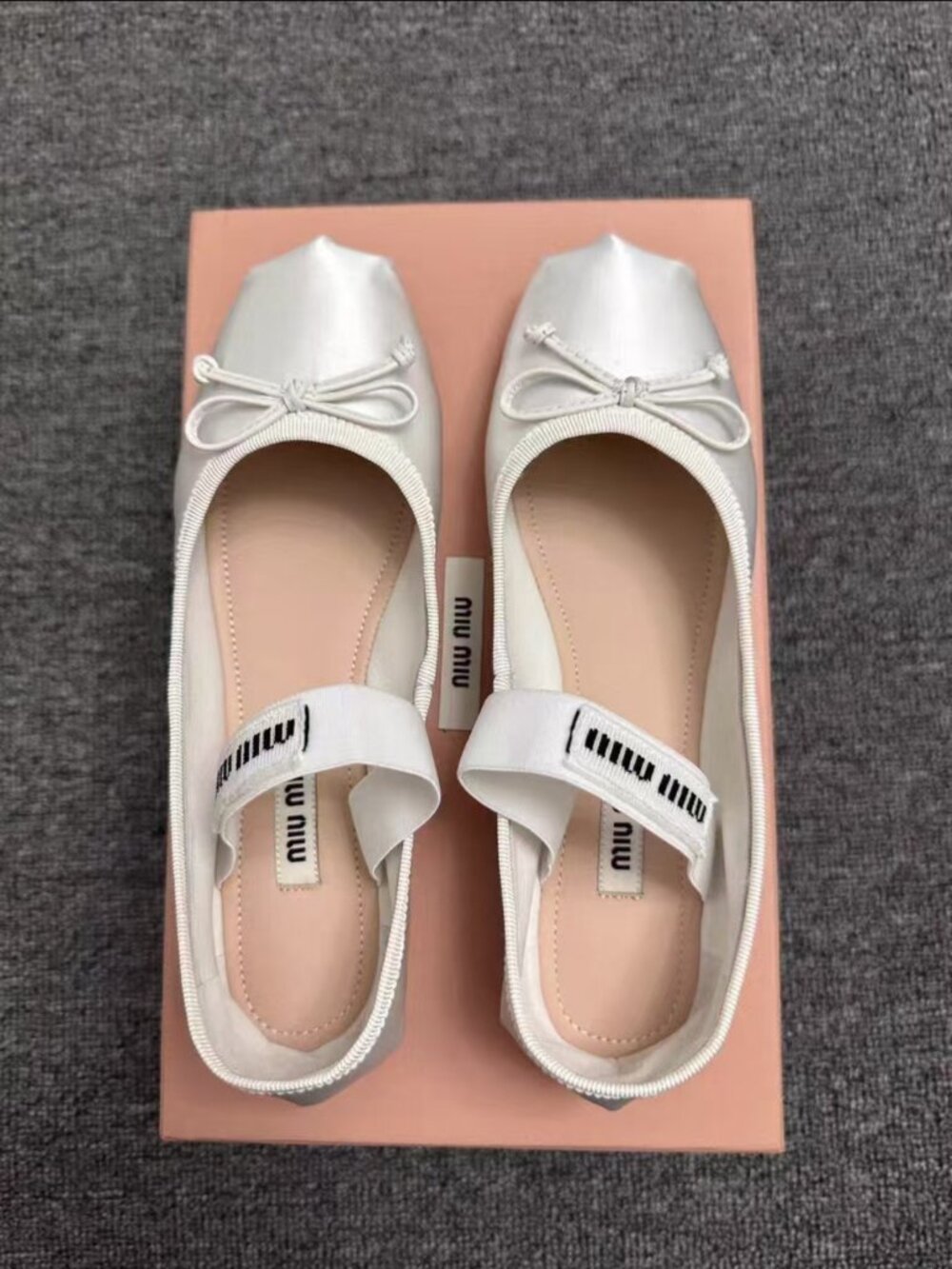 Miu Miu Smooth Gloss Satin Logo Strap Round Toe Bow Mary Janes